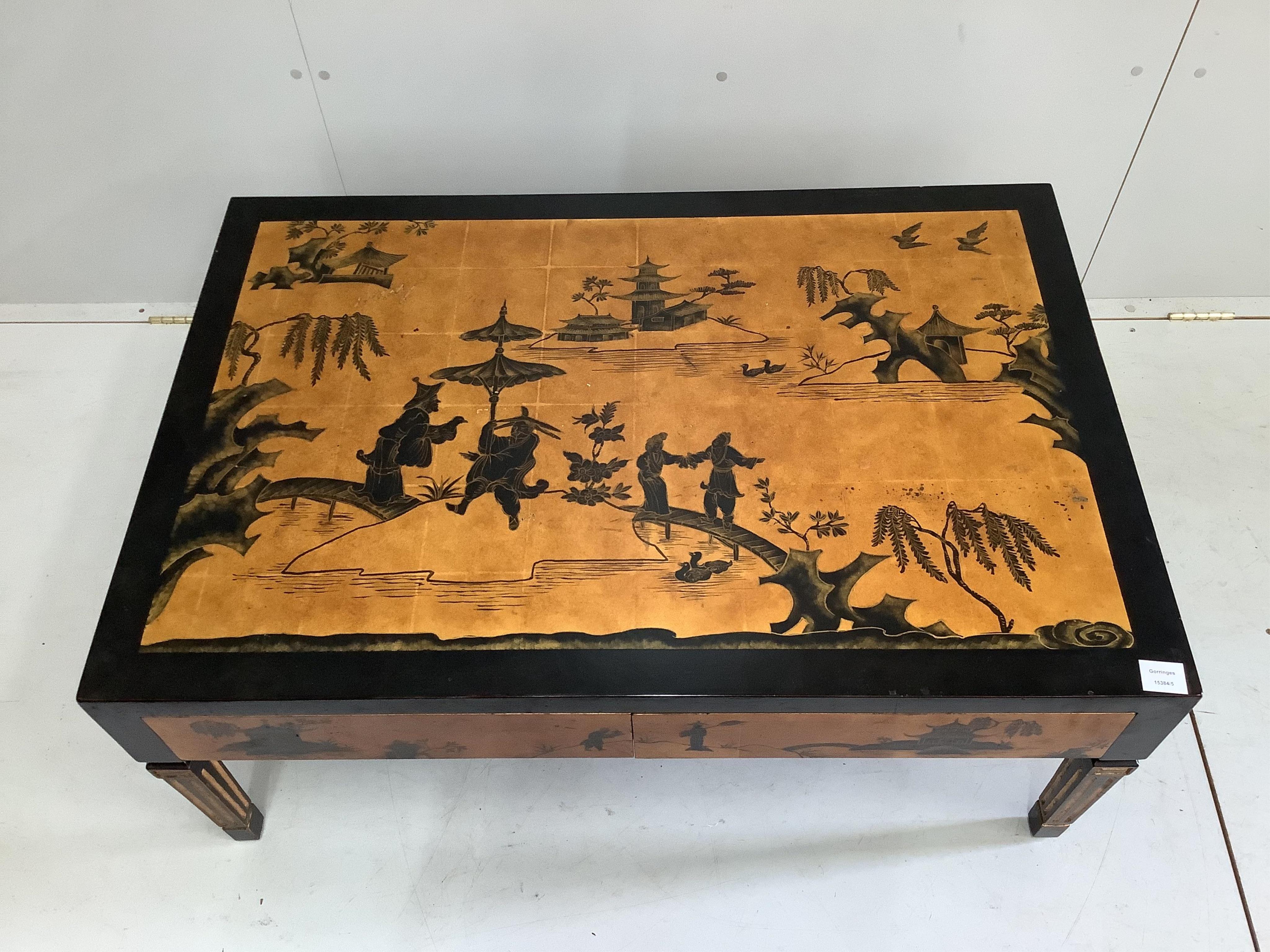 A reproduction rectangular chinoiserie four drawer coffee table, width 107cm, depth 71cm, height 46cm. Condition - fair